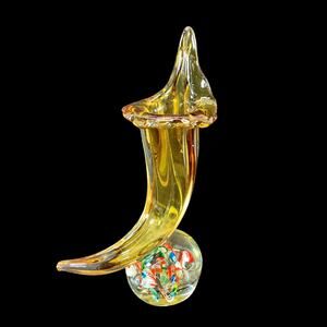 Vtg Hand Blown Glass Yellow Vase Cornucopia Paperweight Art Fred Roberts Japan